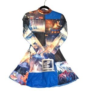 Current Mood Dolls Kill Cyber Y2K Mesh Mini Dress Frutiger Graphic Mock Neck M